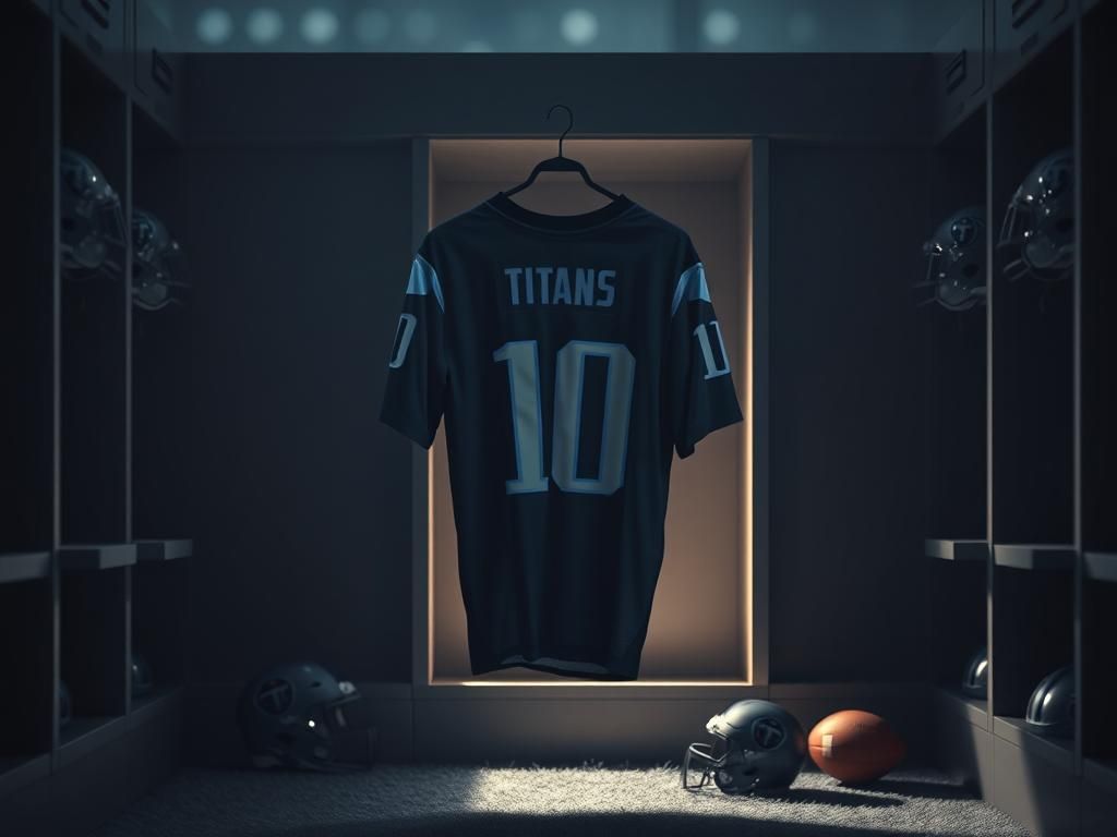 Flick International Empty Tennessee Titans locker room with jersey and equipment reflecting sudden retirement of Lorenzo Carter