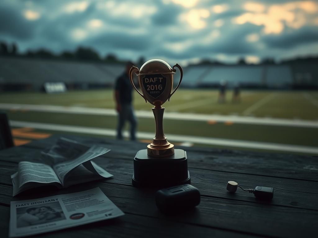 Flick International A dimly lit scene featuring an abandoned sports trophy surrounded by scattered personal items, symbolizing challenges in a rookie season.