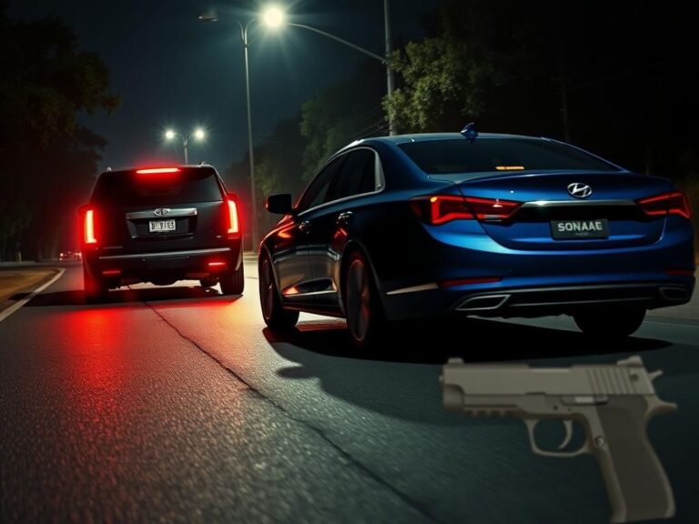 Flick International Tense nighttime scene of a black Cadillac Escalade closely following a blue Hyundai Sonata on a dimly lit Texas road