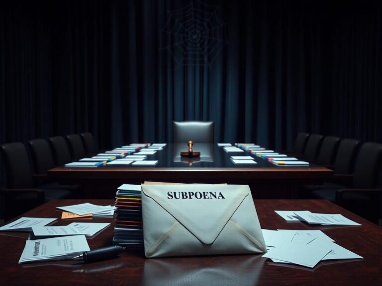 Flick International Dramatic courtroom scene featuring a wooden table with legal documents and gavel, hinting at political scrutiny.