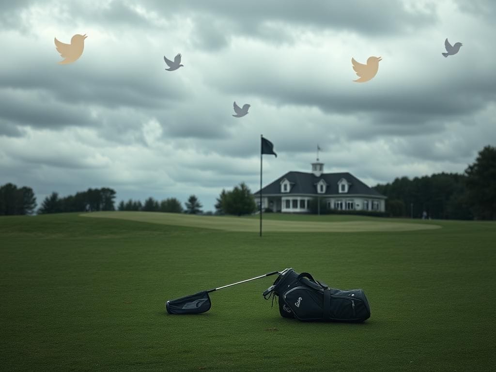 Flick International Abandoned golf bag on a barren golf course under a cloudy sky