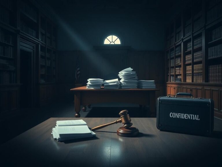 Flick International Dimly lit courtroom with a wooden table stacked with legal documents and a solitary gavel