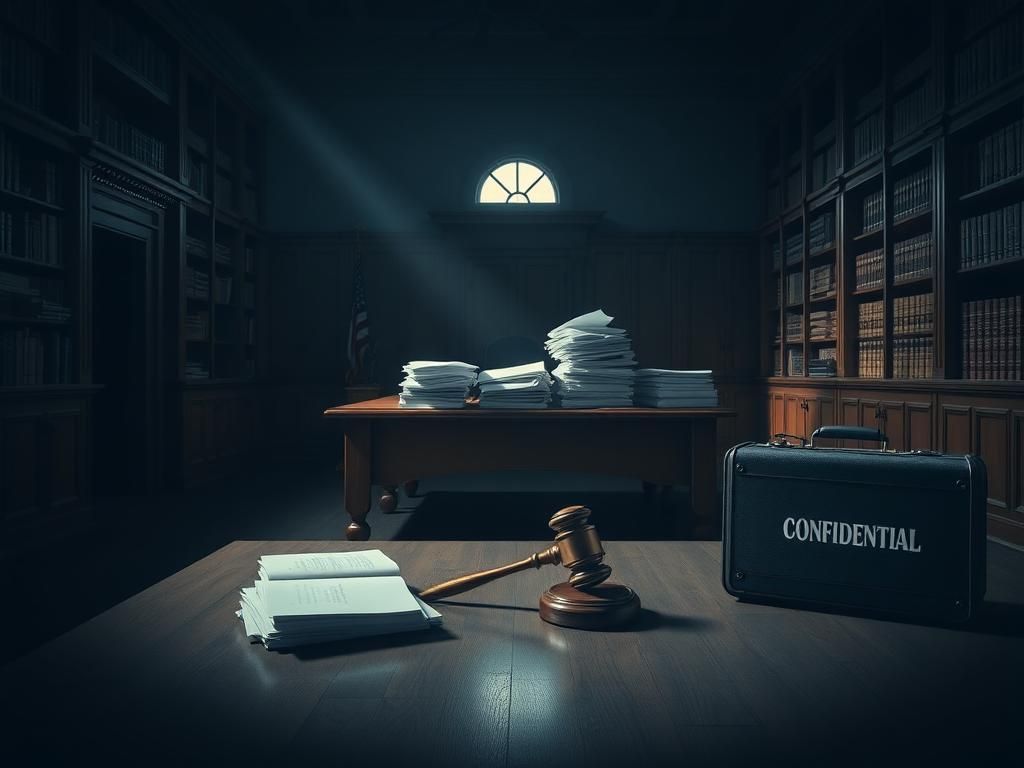 Flick International Dimly lit courtroom with a wooden table stacked with legal documents and a solitary gavel