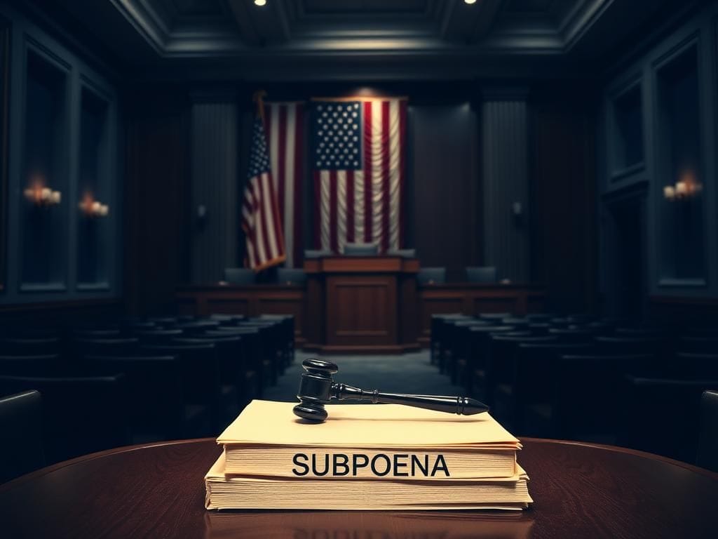 Flick International Empty congressional hearing room with an American flag backdrop and a podium displaying subpoena documents