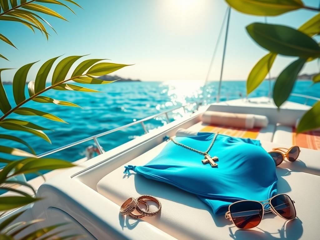 Flick International Megan Moroney lounging on a boat in a blue bikini with a cross necklace