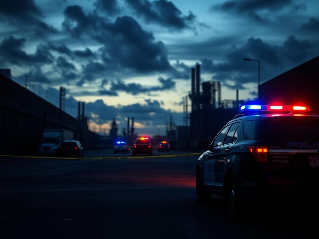 Flick International Police vehicle parked with flashing lights in a deserted industrial area in Lorain, Ohio
