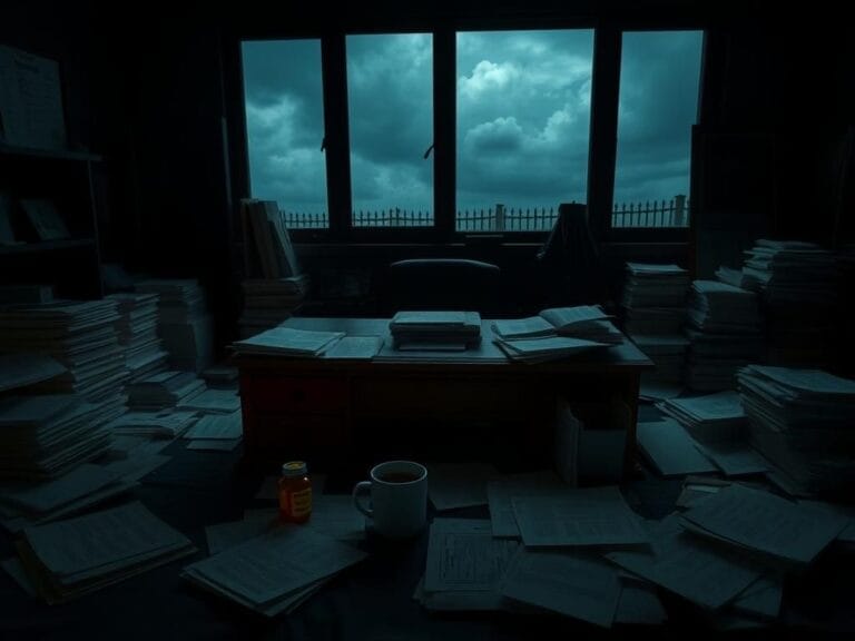 Flick International A dark room with a cluttered wooden desk and scattered classified documents illustrating the theme of political intrigue.