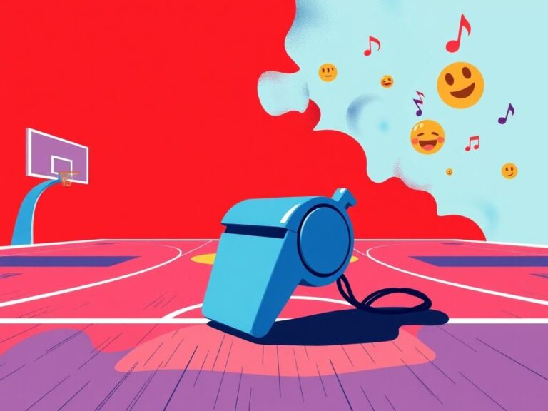 Flick International Dynamic illustration of a basketball court with an oversized whistle symbolizing referees and authority