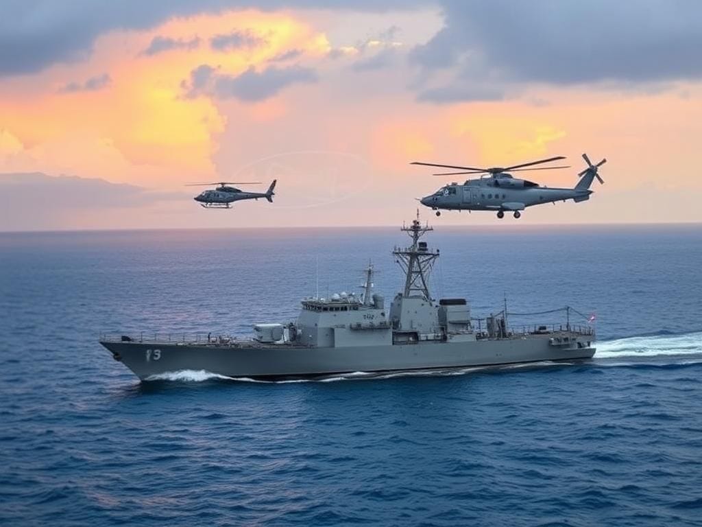 Flick International USS Fitzgerald navigating the Gulf of Oman with an Iranian helicopter in the distance