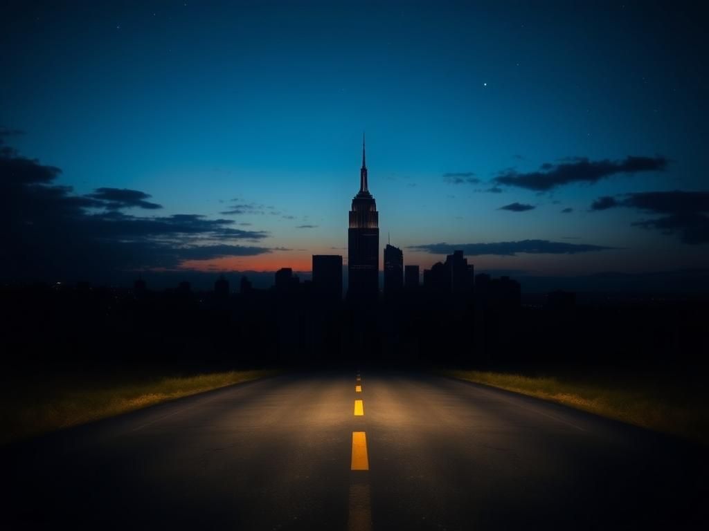 Flick International Twilight skyline of New York City with silhouette of Empire State Building and faint African landscapes in the background