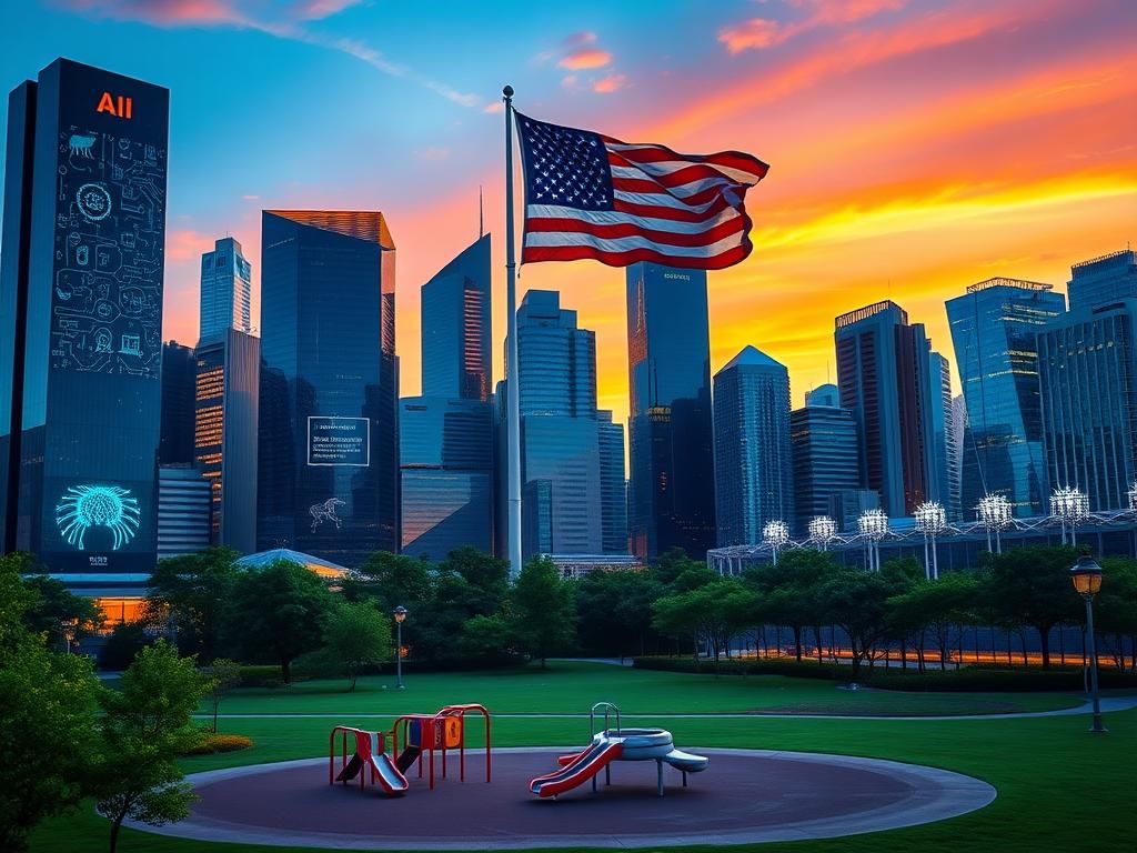 Flick International A futuristic city skyline at dusk featuring digital billboards and lush green parks symbolizing technological innovation