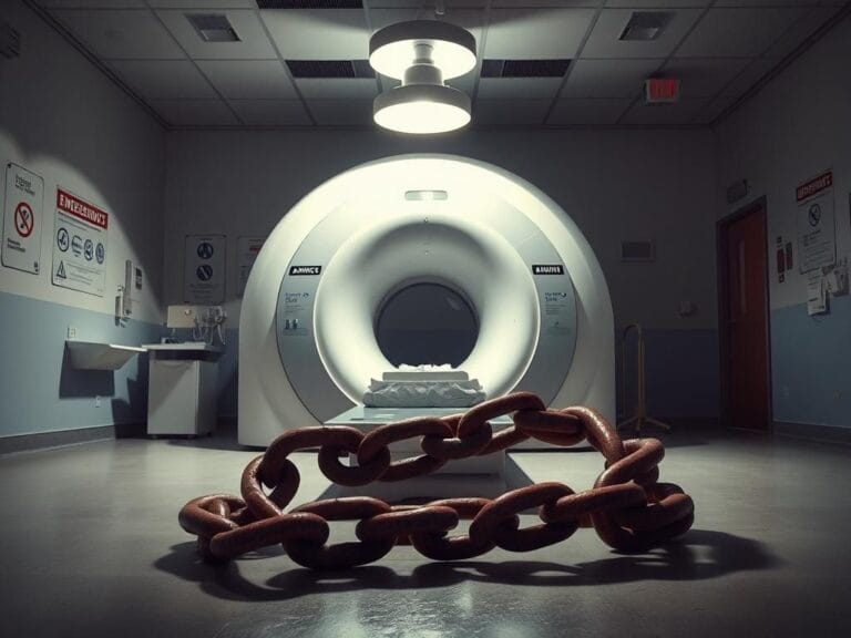 Flick International MRI machine surrounded by clinical equipment and a dangerous 20-pound metal chain