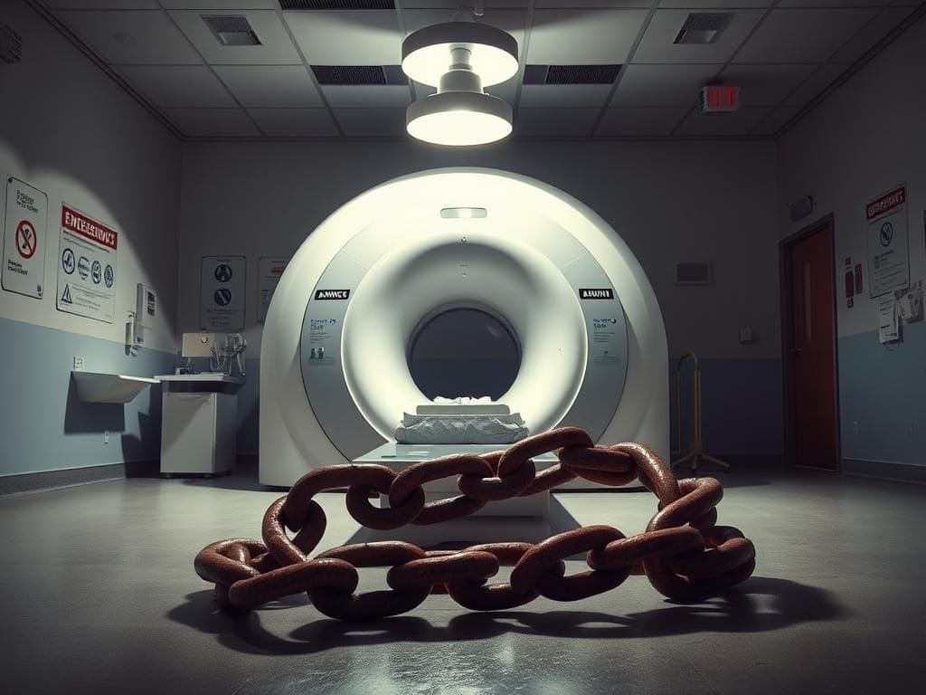 Flick International MRI machine surrounded by clinical equipment and a dangerous 20-pound metal chain