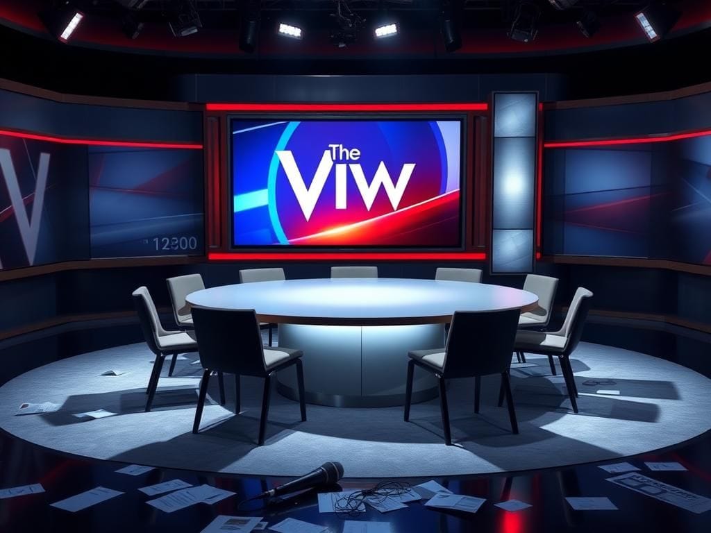 Flick International A dramatic empty television studio set symbolizing a potentially canceled talk show