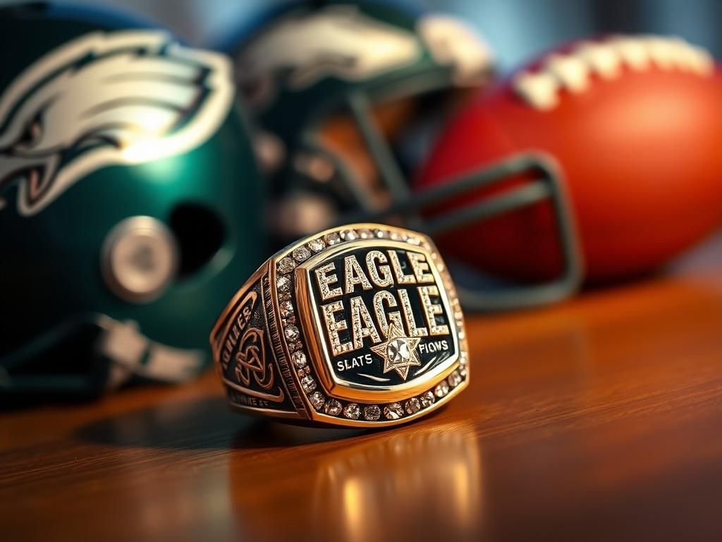 Flick International Gleaming Philadelphia Eagles Super Bowl championship ring on a wooden surface