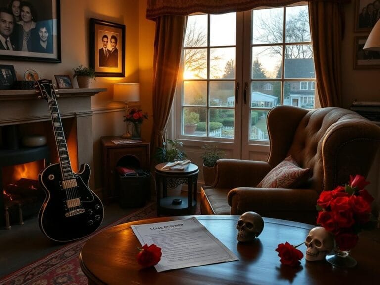 Flick International Cozy interior of a serene English home with a black guitar and vintage decor reflecting Ozzy Osbourne's rock legacy
