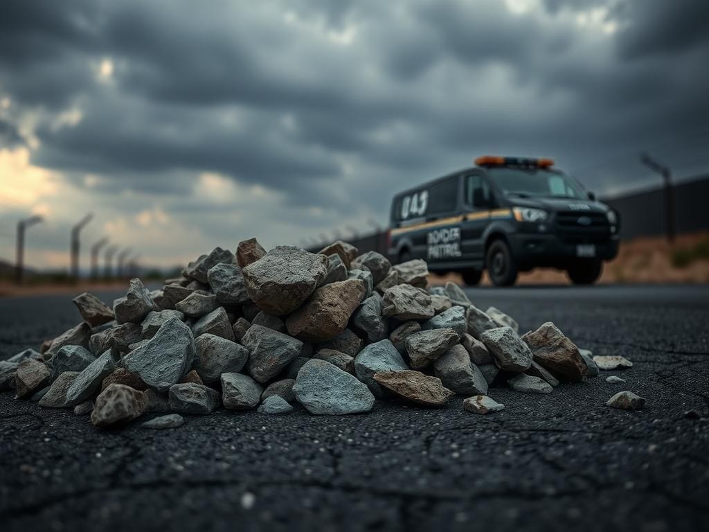Flick International Jagged rocks scattered on an asphalt road near the U.S.-Mexico border, symbolizing violence during a riot.