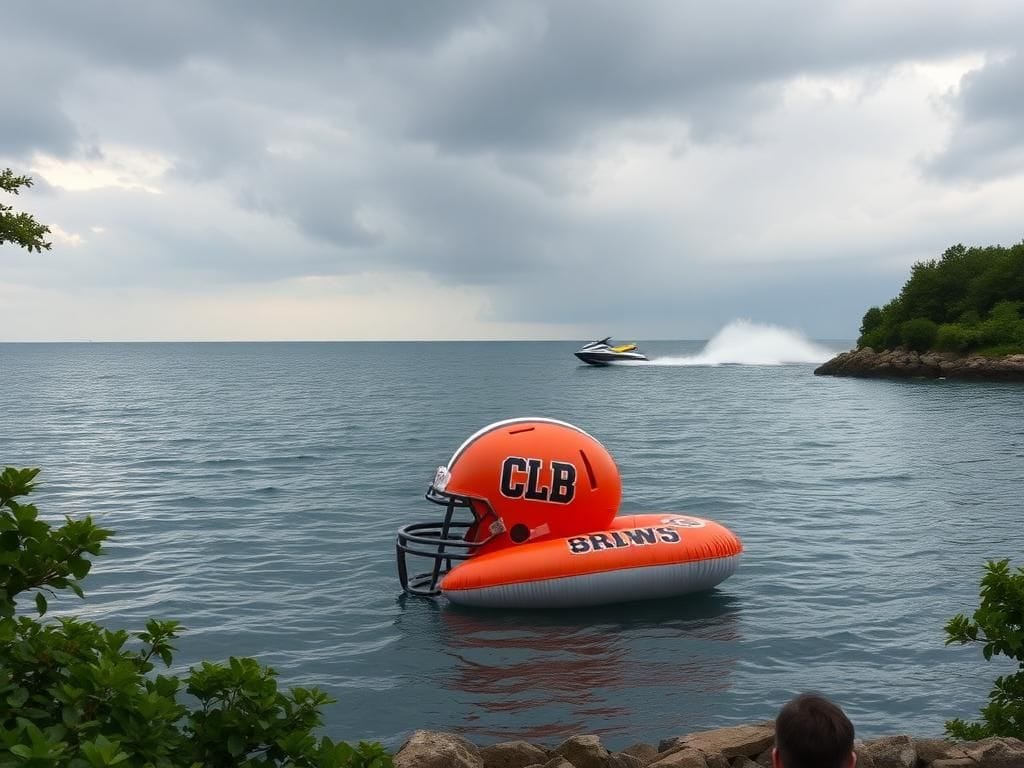 Flick International Inflatable football helmet floating on Lake Erie during Browns helmet presentation