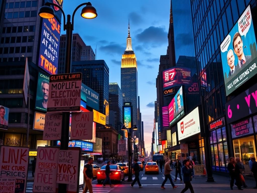 Flick International A vibrant twilight scene in New York City showcasing colorful political posters and the iconic skyline
