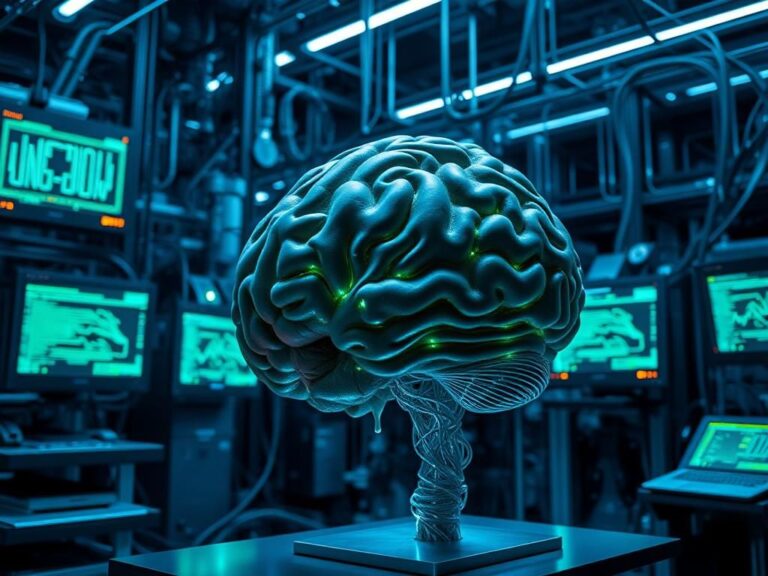 Flick International Futuristic laboratory with brain-computer interface technology and neural network data.