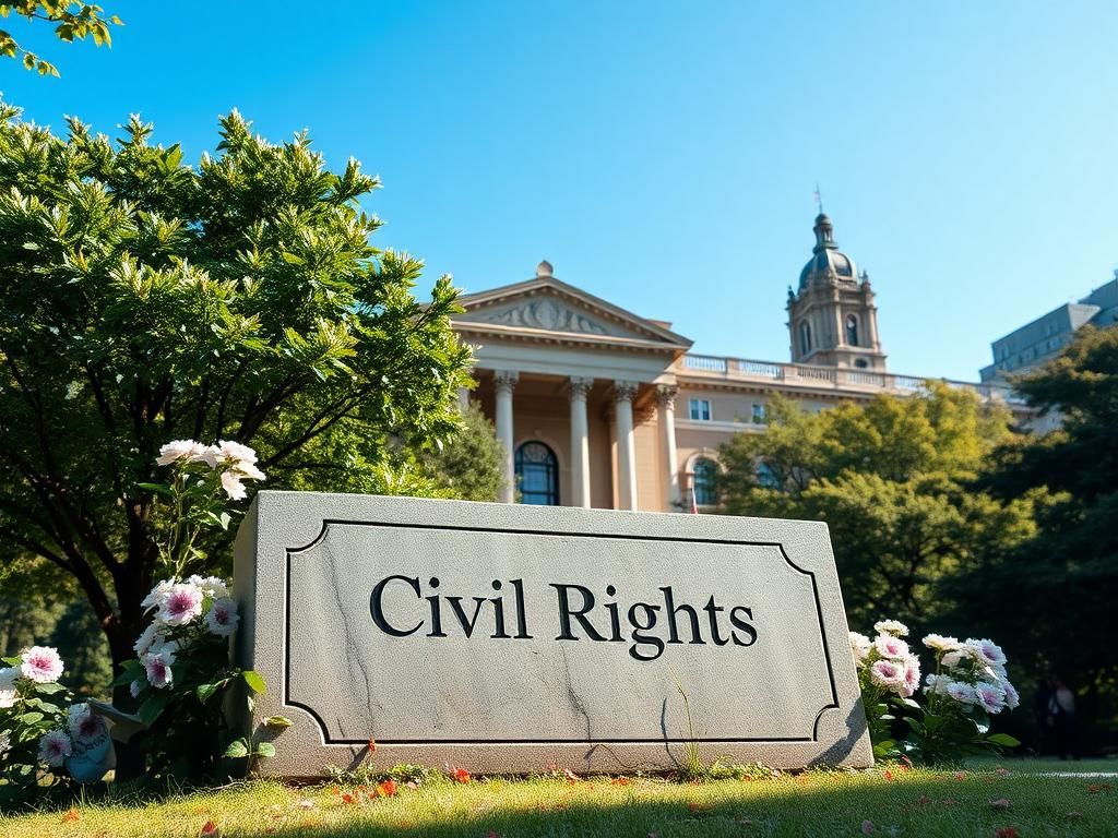 Flick International A scenic view of Columbia University's campus featuring a stone tablet inscribed with 'Civil Rights' surrounded by flowers and symbols of activism.