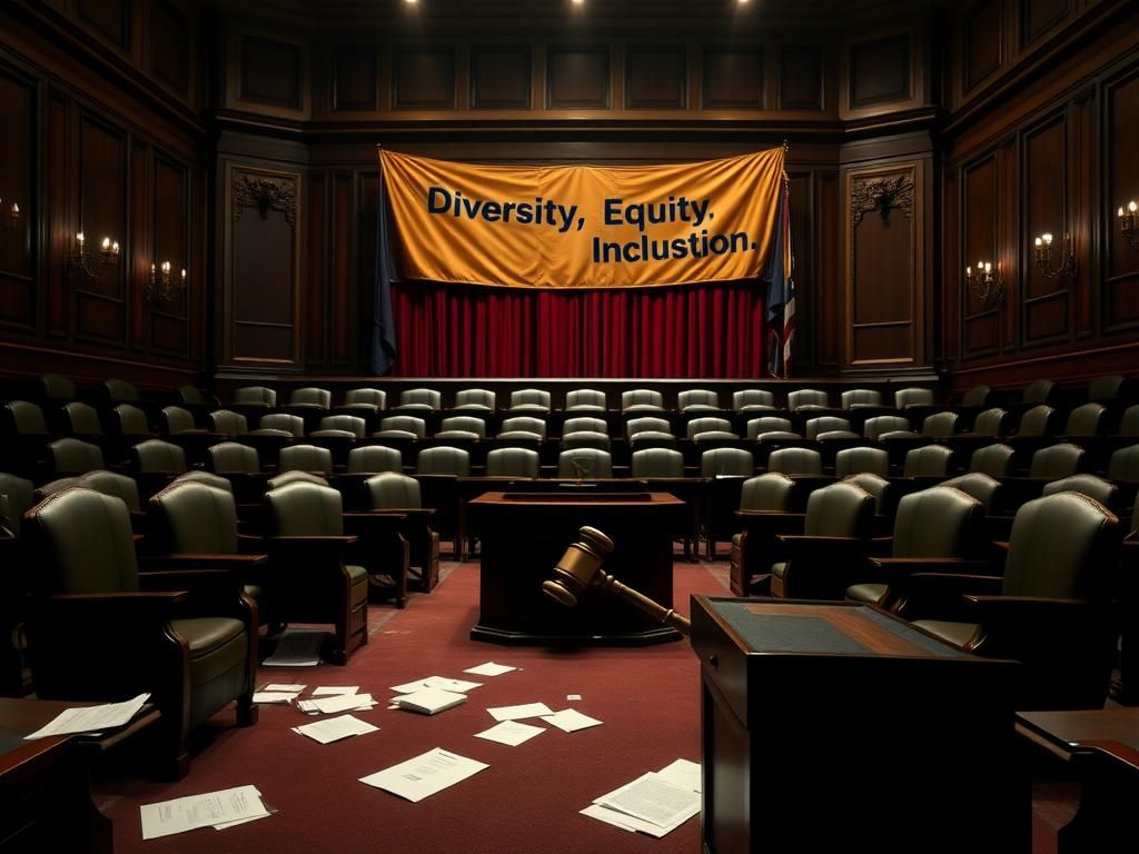 Flick International A divided Senate chamber with an empty seating arrangement showcasing a banner for Diversity, Equity, and Inclusion.