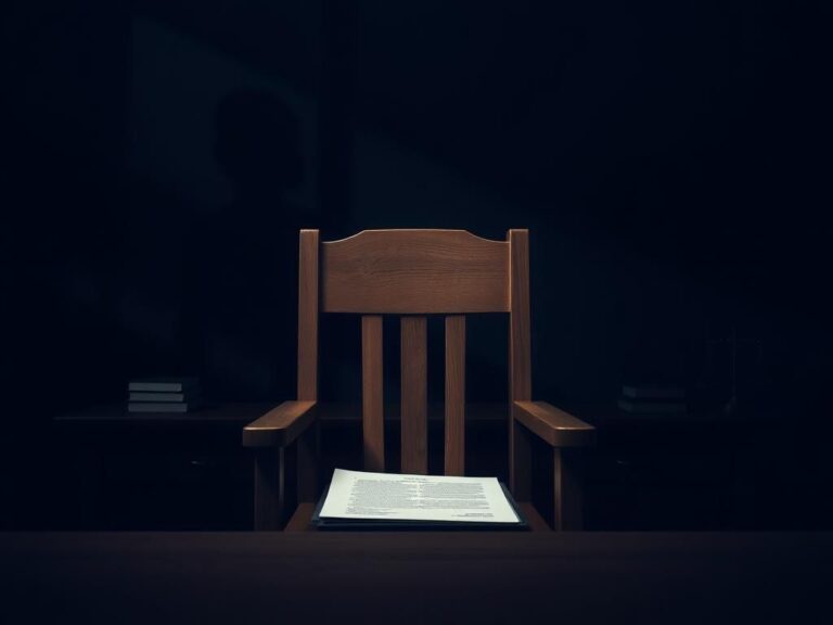 Flick International Somber courtroom scene with an empty wooden chair, symbolizing absence and justice in the Idaho student murders case.
