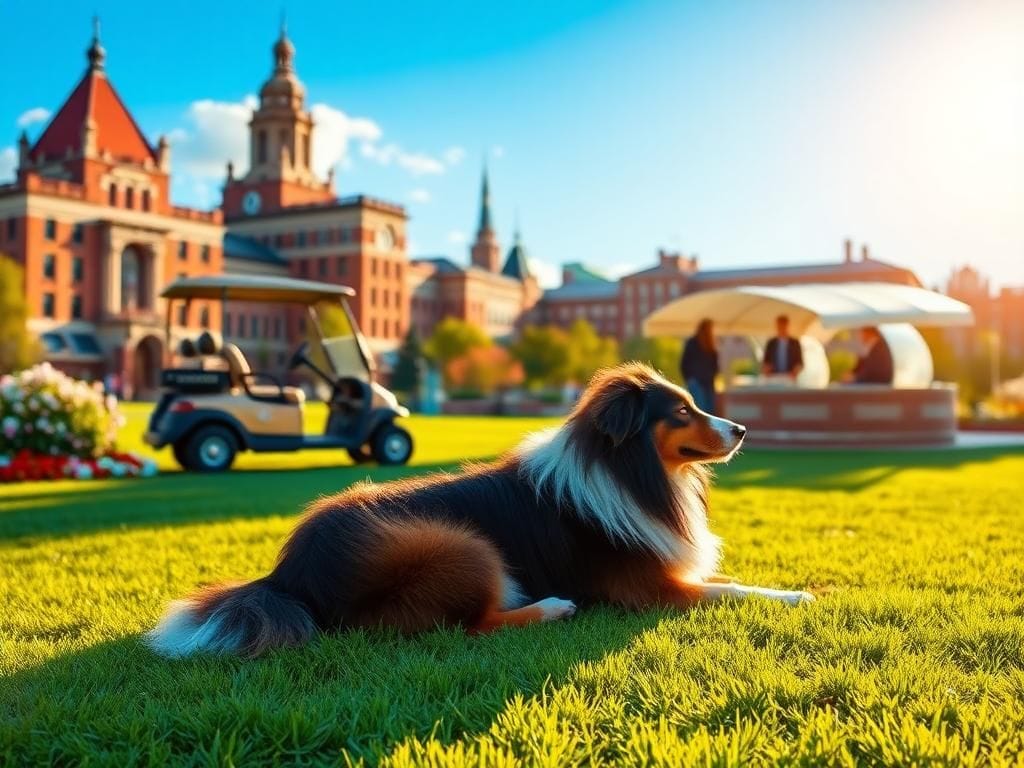 Flick International A long-haired collie, Reveille X, resting on green grass at Texas A&M University.