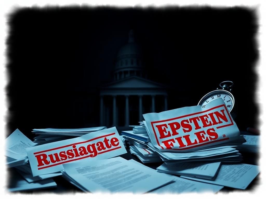 Flick International Shadowy representation of a government building with scattered classified documents labeled 'Russiagate' and 'Epstein Files'