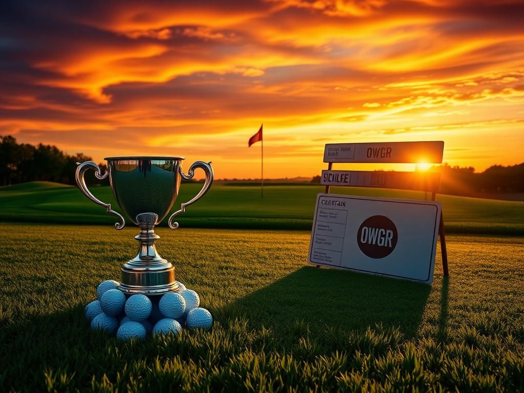 Flick International Dramatic golf landscape at sunset with a trophy and scoreboard