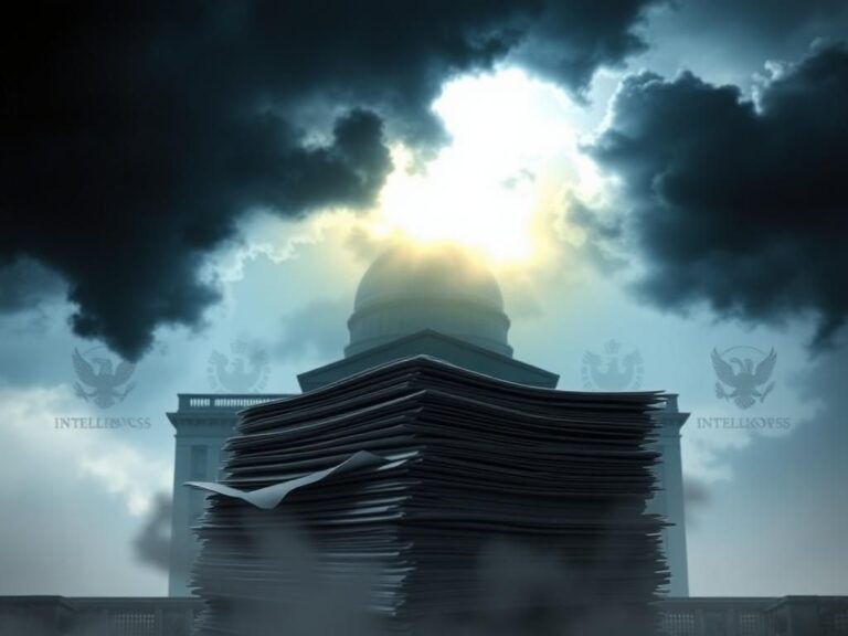 Flick International Dramatic image of a shadowy government building obscured by dark storm clouds with declassified documents illuminated by light