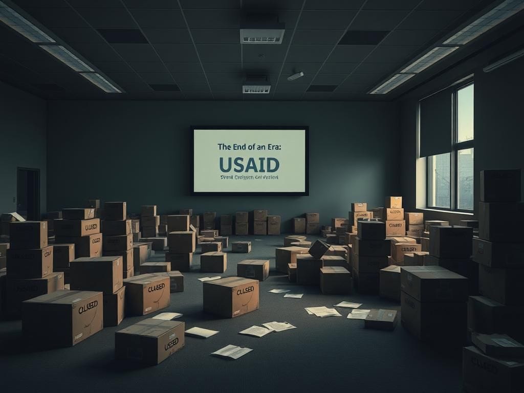 Flick International Empty office space representing the closure of USAID with stacks of labeled boxes and a muted color palette.