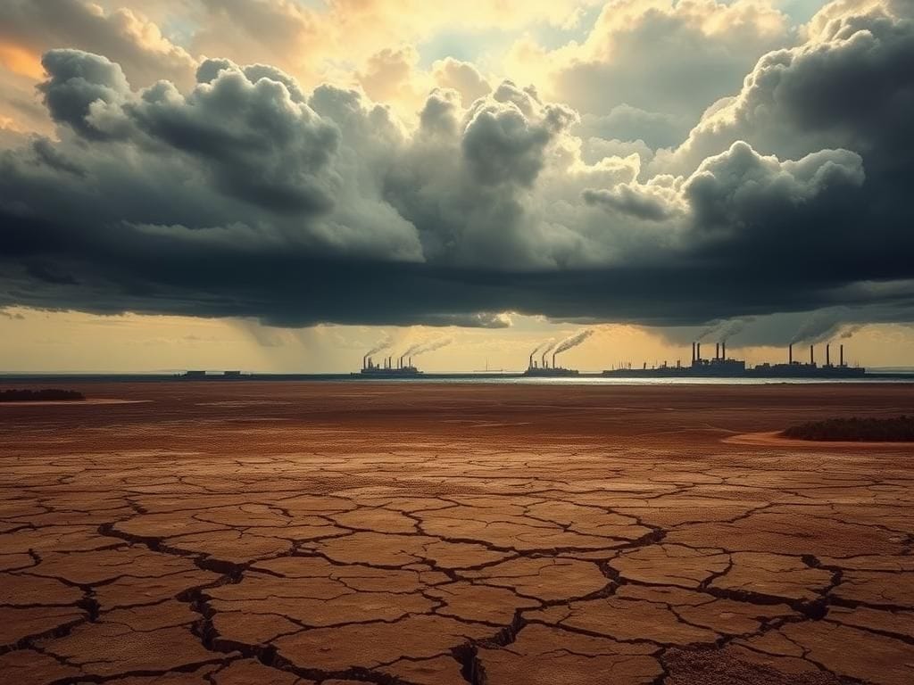 Flick International A desolate landscape depicting the severe impacts of climate change with cracked earth and rising waters.