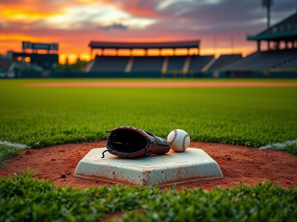 Flick International A vibrant sunset over a baseball diamond featuring a worn glove and an empty first base, symbolizing Rafael Devers' transition to first baseman.