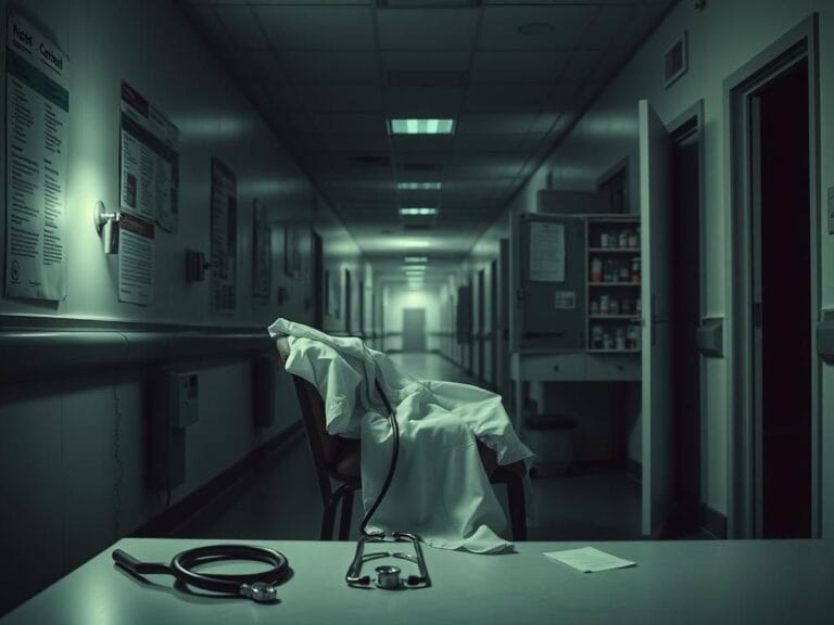 Flick International Dimly lit hospital corridor with an abandoned nurse's uniform and scattered medical documents