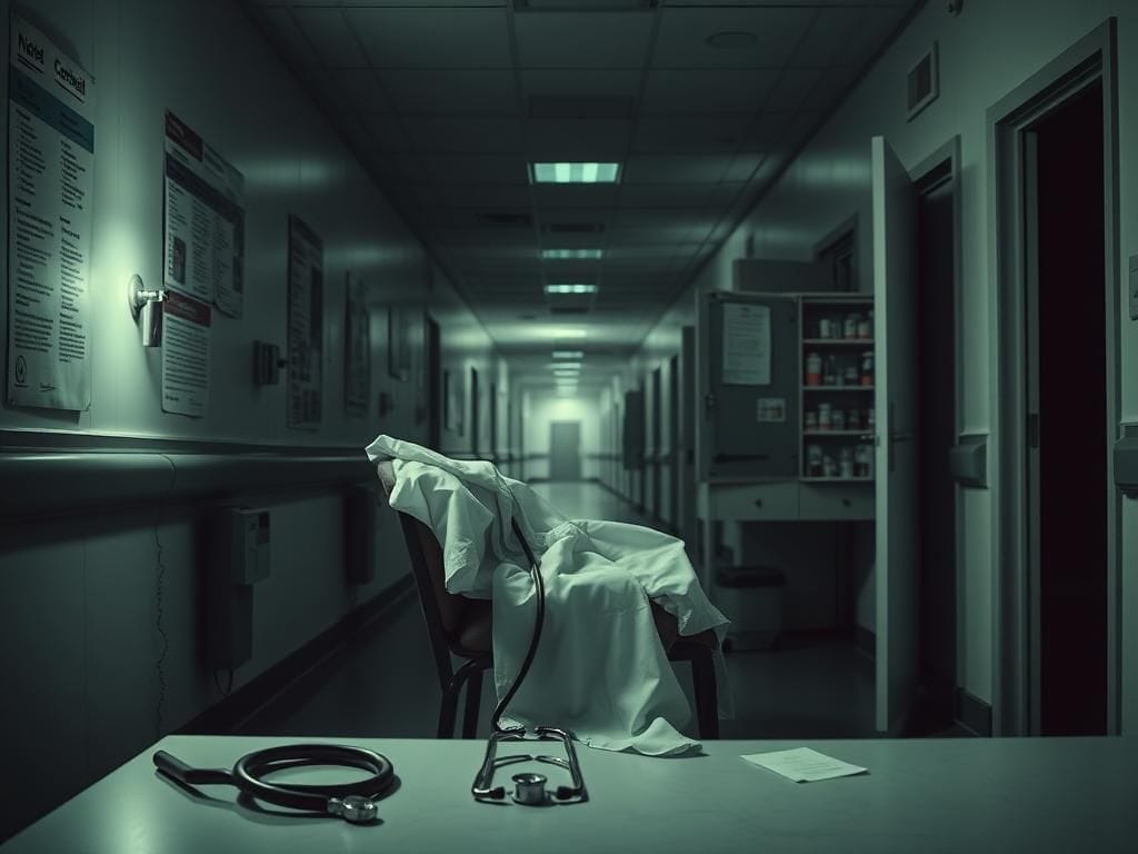 Flick International Dimly lit hospital corridor with an abandoned nurse's uniform and scattered medical documents
