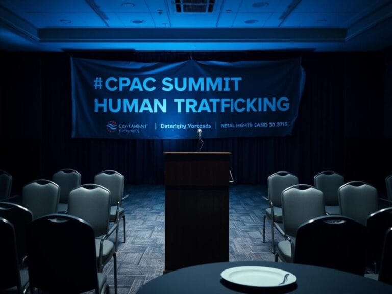 Flick International A dimly lit conference room with empty chairs and a podium, symbolizing Pam Bondi's absence at the anti-trafficking summit.