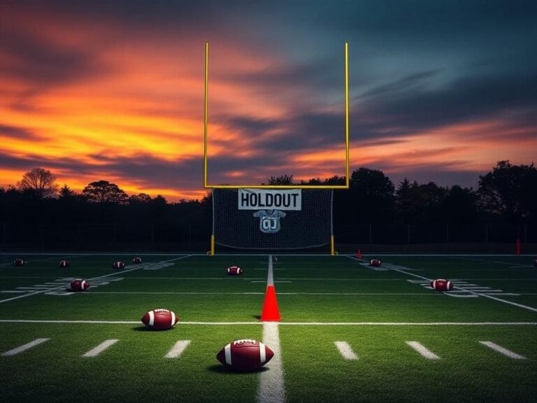 Flick International Stylized image of an empty NFL practice field at dusk with scattered training equipment and a 'Holdout' sign.