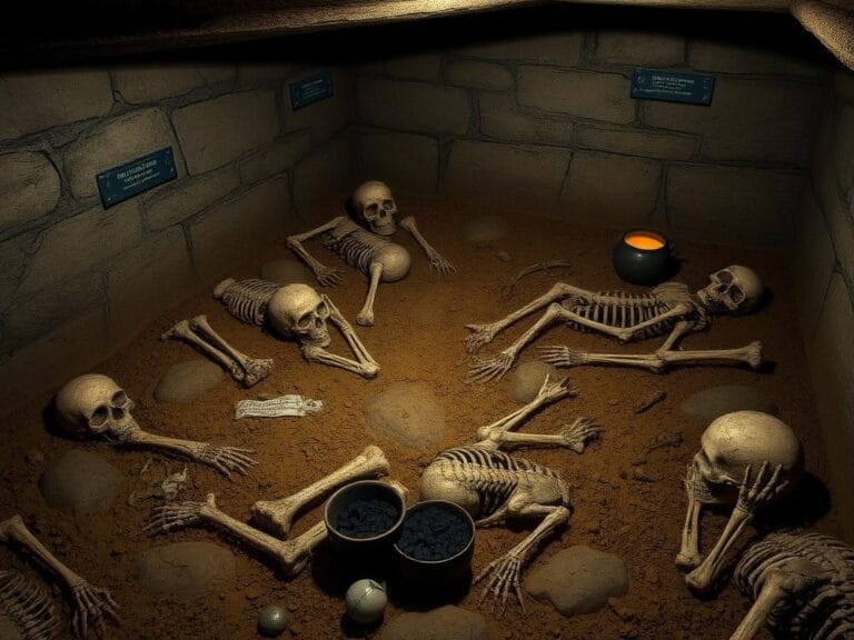 Flick International Archaeological excavation at the Tower of London revealing 14th-century Black Death-era skeletons and artifacts