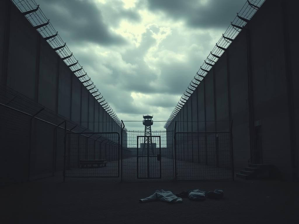 Flick International A stark maximum security prison with imposing walls and barbed wire under ominous clouds