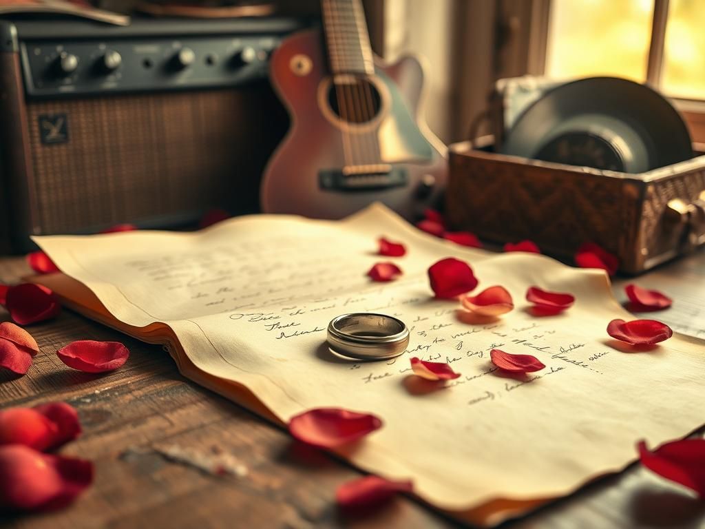 Flick International Vintage wedding ring on a love letter with rose petals and musical elements