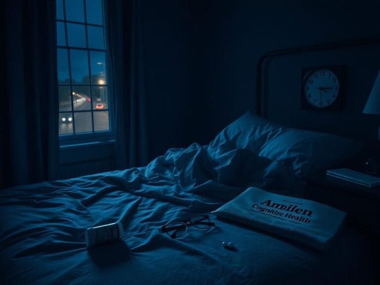 Flick International Dimly lit room with an unmade bed featuring Ambien pill bottle and late night clock