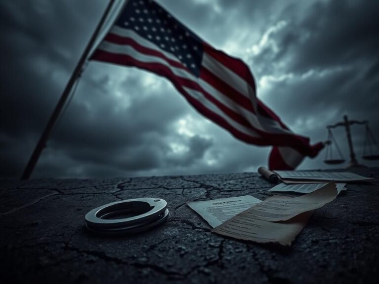 Flick International A weathered American flag billowing against a stormy sky with handcuffs and legal documents in the foreground, symbolizing citizenship issues.