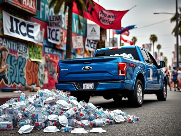 Flick International Dramatic scene of a Los Angeles protest with colorful graffiti and scattered protest supplies