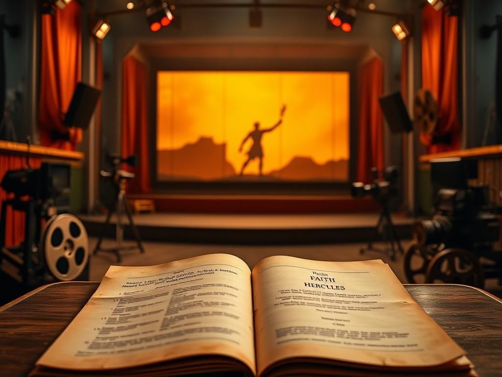 Flick International An empty vintage Hollywood soundstage featuring old film reels and a silhouette of Hercules.