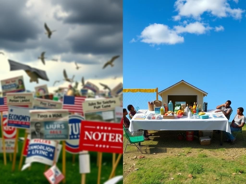 Flick International Split-screen image showing the contrasting political landscape for Democrats with chaos on the left and community engagement on the right.