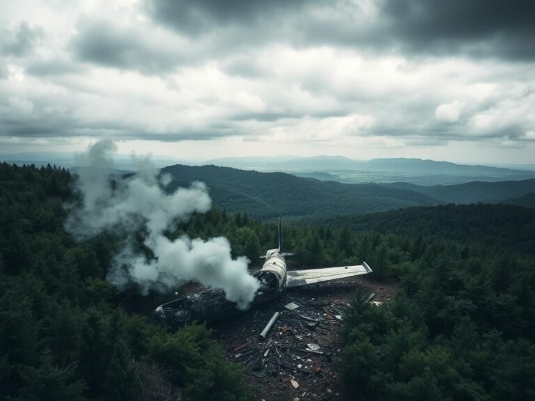Flick International Aerial view of a plane crash site in dense forest