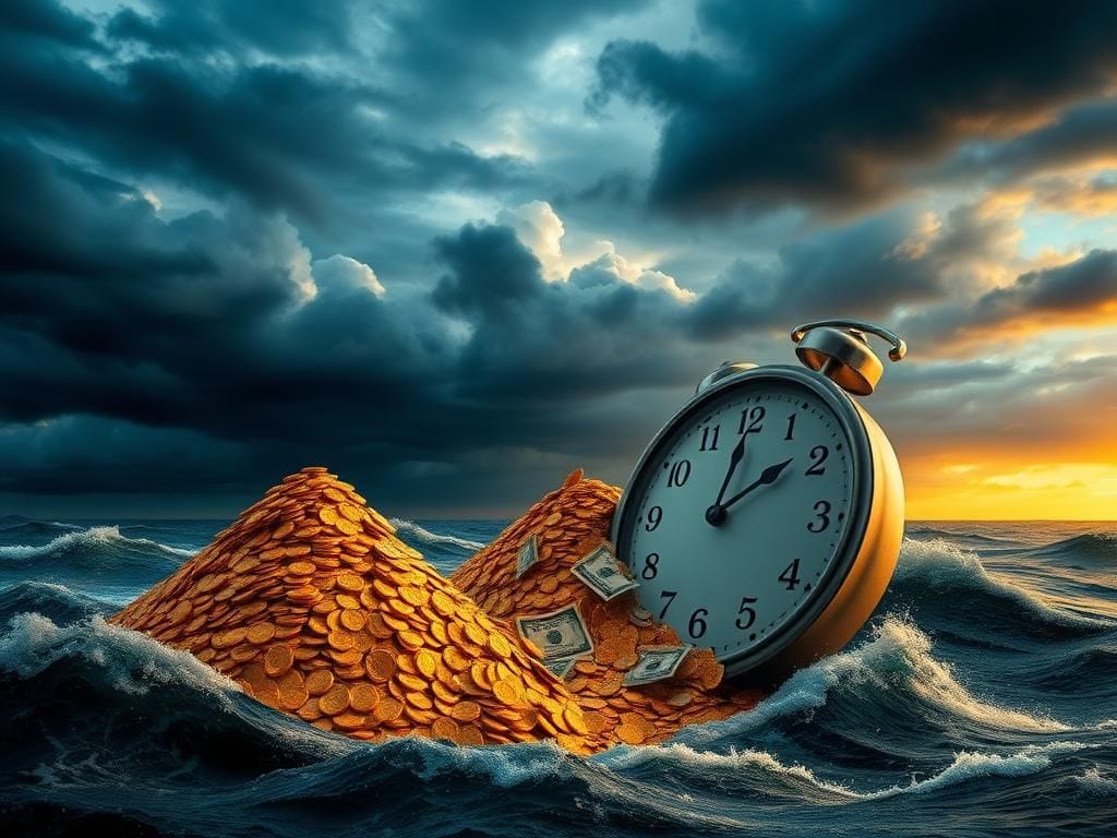 Flick International A turbulent ocean with a mountain of gold coins and U.S. Treasury bills dissolving, representing economic instability.