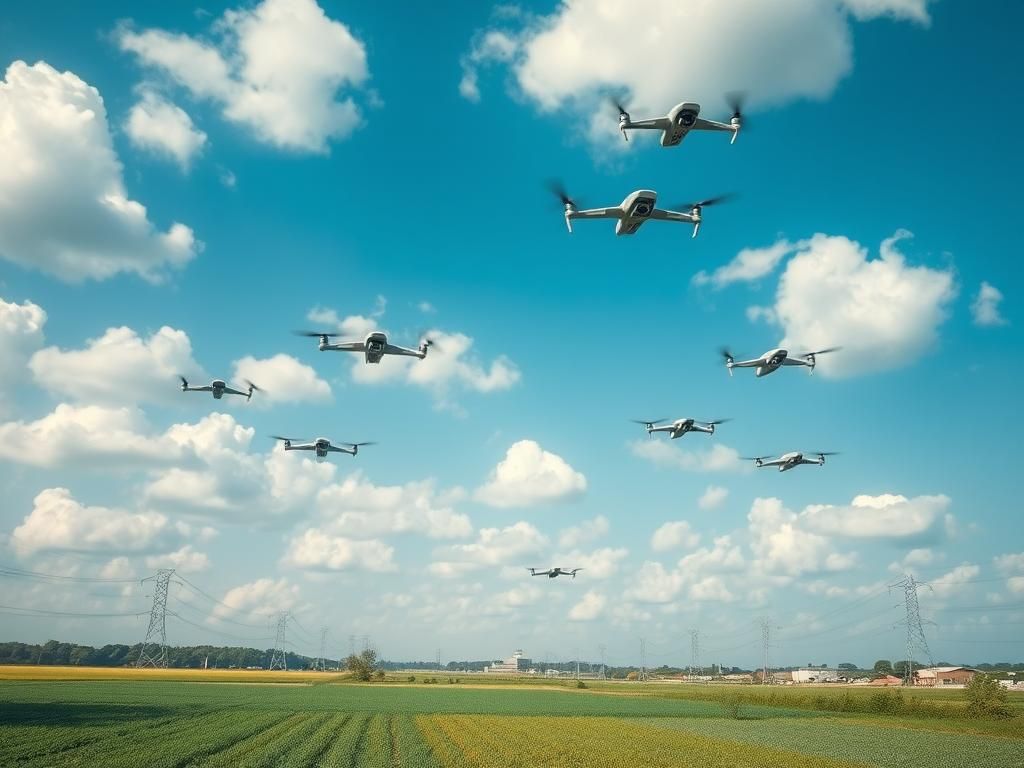 Flick International A fleet of modern drones flying across a bright blue sky above agricultural fields
