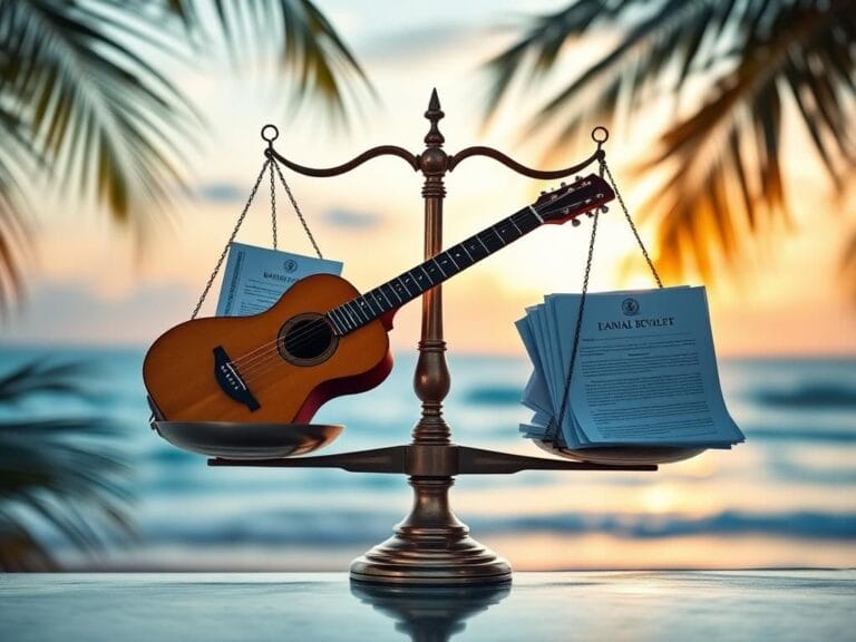 Flick International Scale balancing a vintage guitar and legal documents against restraining papers, symbolizing the trust battle over Jimmy Buffett's fortune